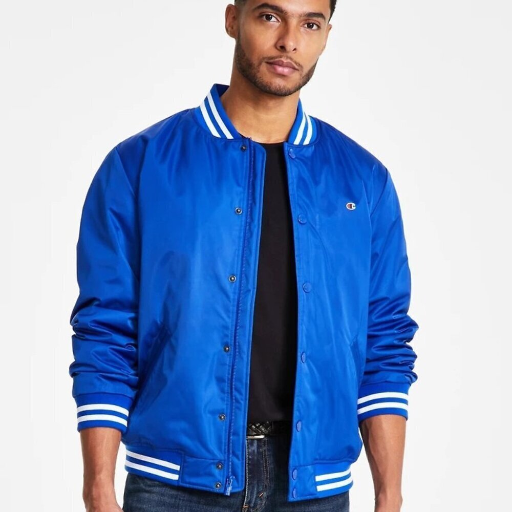 CHAMPION Mens Classic Varsity Jacket Logo Striped-Trim Royal Blue SZ L
